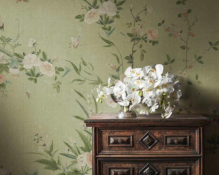 Sandberg Bloom Wallpaper in Green close up