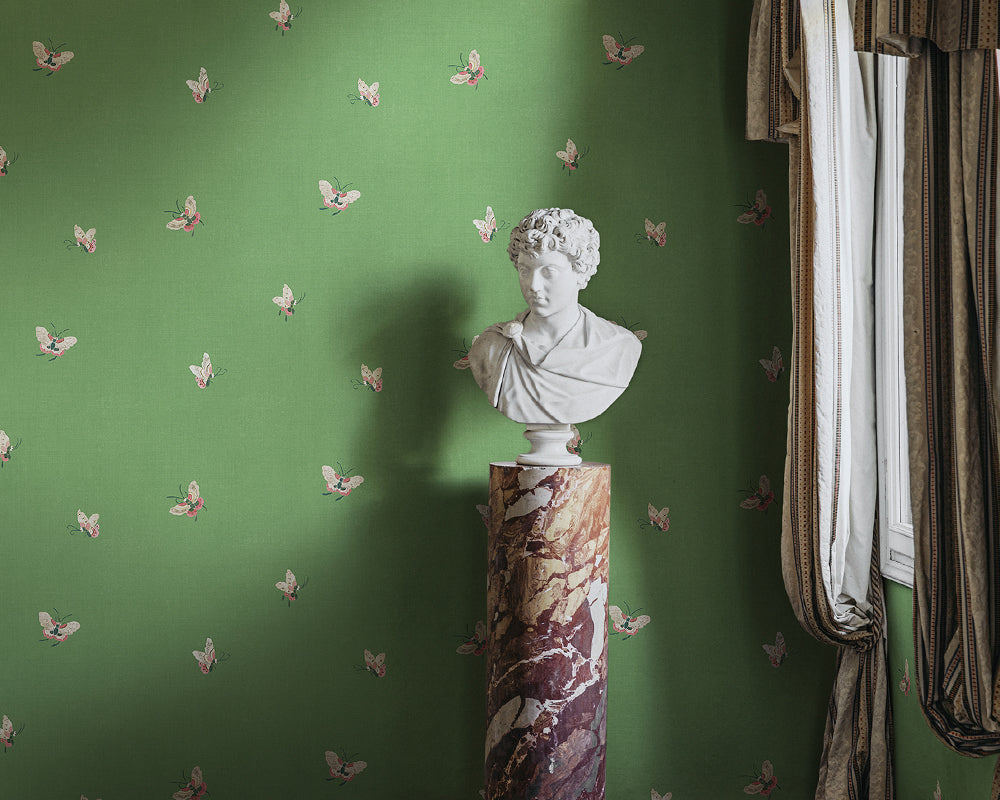 Sandberg Butterflies Wallpaper in Green in a hallway set up