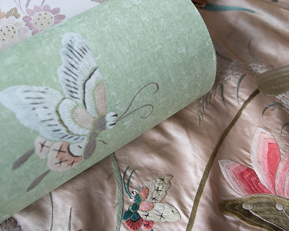 Sandberg Butterflies Wallpaper detail with original silk fabric