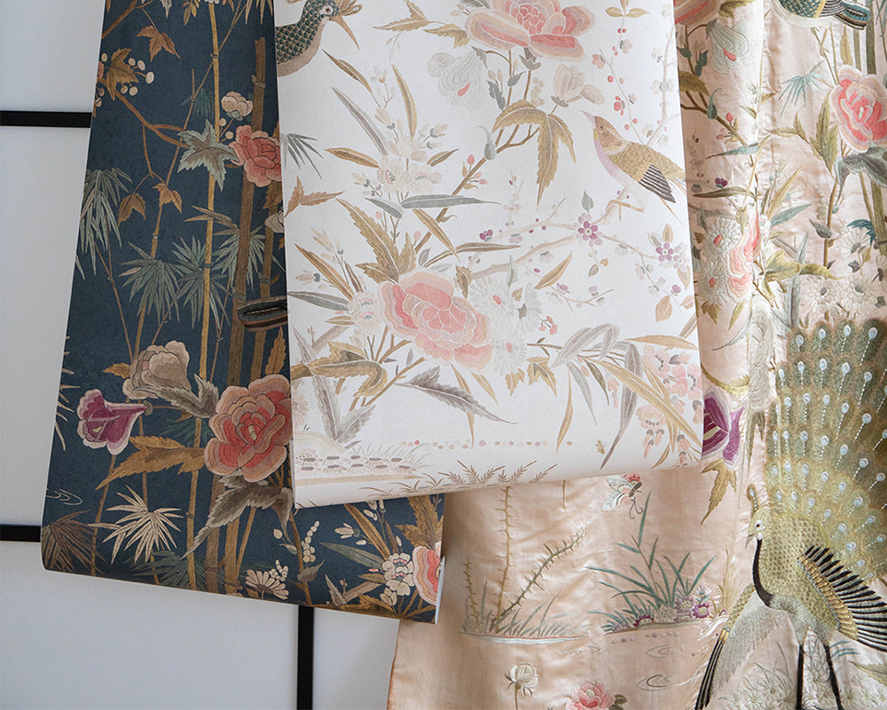 Sandberg Chinoiserie Garden Wallpaper detail with original silk fabric