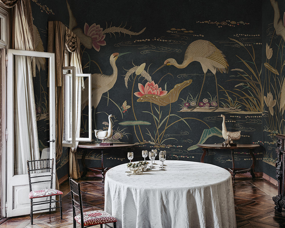 Sandberg Seabirds Wallpaper in Dark Blue  in a dinning room set up