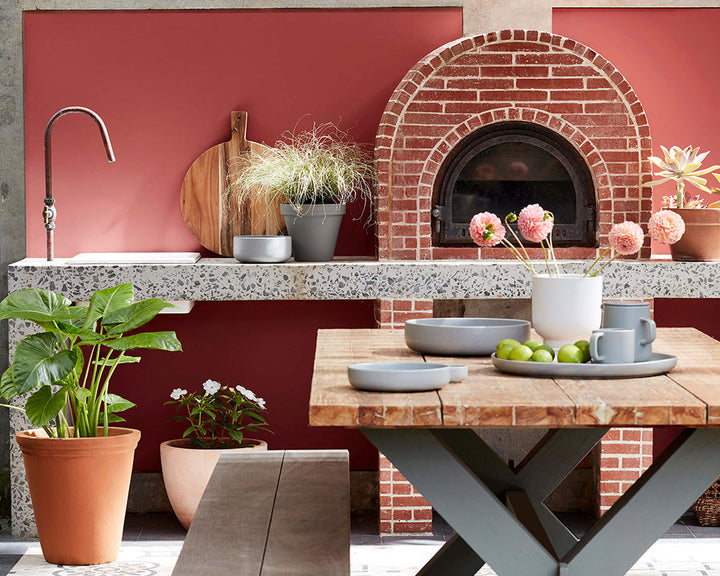 Little Greene Tuscan Red 140 Paint used in an exterior kitchen