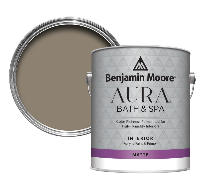Benjamin Moore Aura Bath & Spa paint can with gray interior and purple label on a white background
