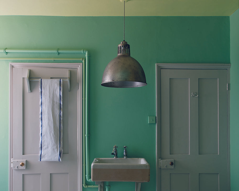 Arsenic 214 paint by Farrow & Ball on the walls of a traditional bathroom