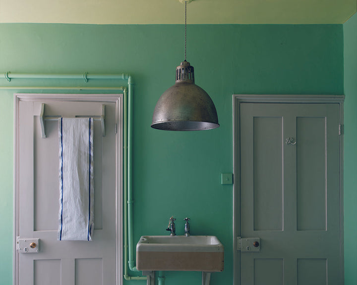 Arsenic 214 paint by Farrow & Ball on the walls of a traditional bathroom