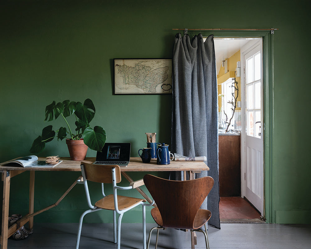 Calke Green 34 paint by Farrow & Ball on the walls of a home office