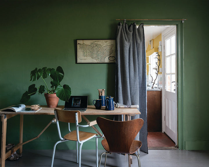 Calke Green 34 paint by Farrow & Ball on the walls of a home office