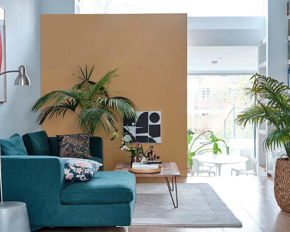 Cane 53 paint by Farrow & Ball used on a feature wall in a living room