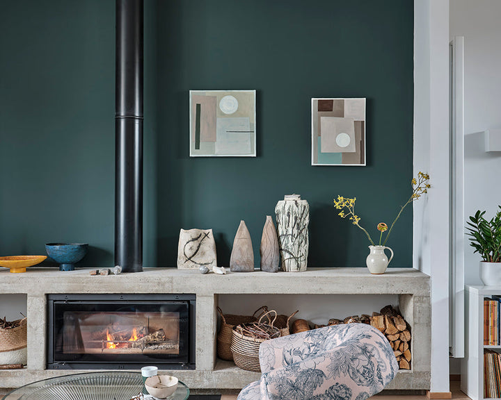 Farrow & Ball Chine Green 35 Paint in a living space with stove