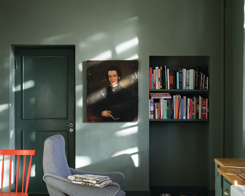 Green Smoke 47 paint by Farrow & Ball used in a home study