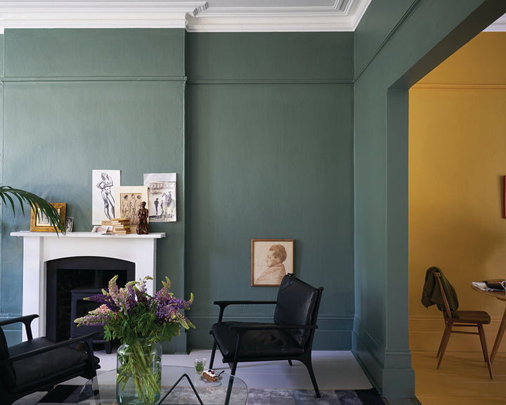 Green Smoke 47 paint by Farrow & Ball on the walls of a living space