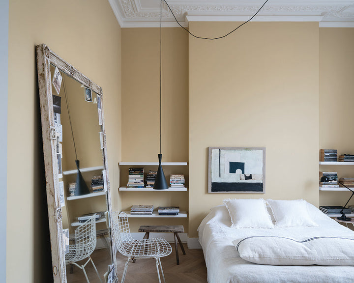 Hay 37 paint by Farrow & Ball on the walls of a modern bedroom