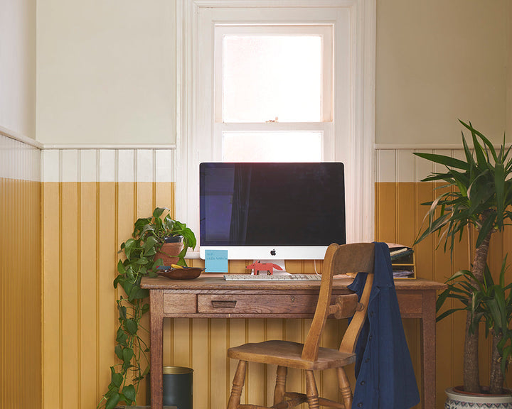 India Yellow 66 paint by Farrow & Ball used on panelling in a home study