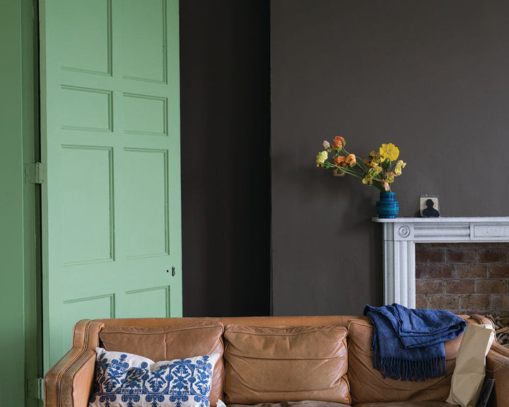 Salon Drab 290 paint by Farrow & Ball used in a living room with leather sofa