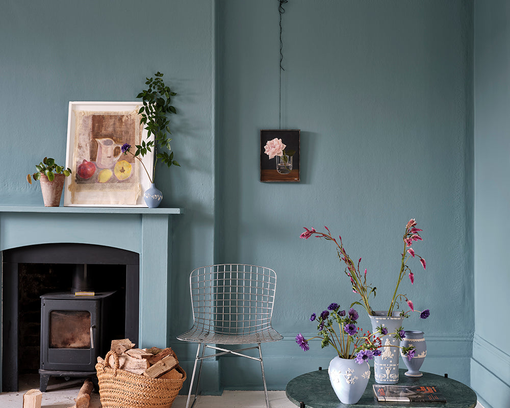 Farrow & Ball Berrington Blue 14 Paint in a living space with retro furnishings