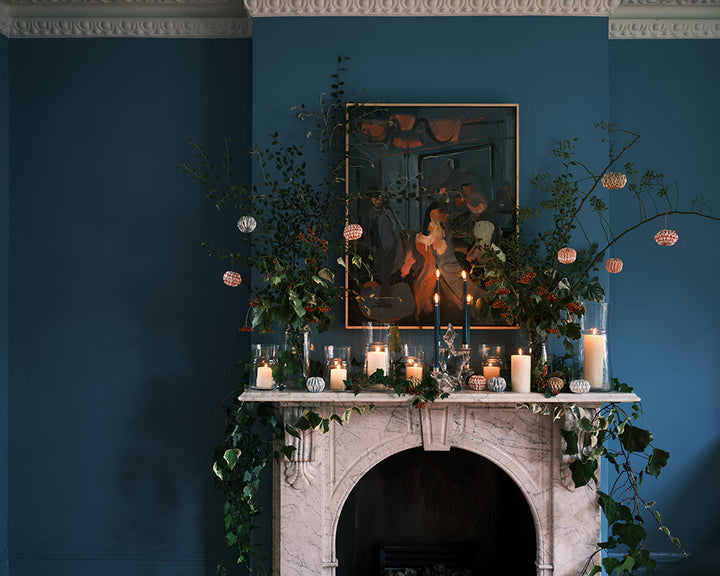 Farrow & Ball Chinese Blue 90 Paint in a living room decorated for Christmas