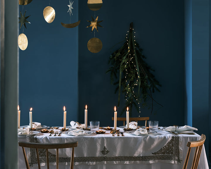 Farrow & Ball Chinese Blue 90 Paint in a dining room decorated for Christmas