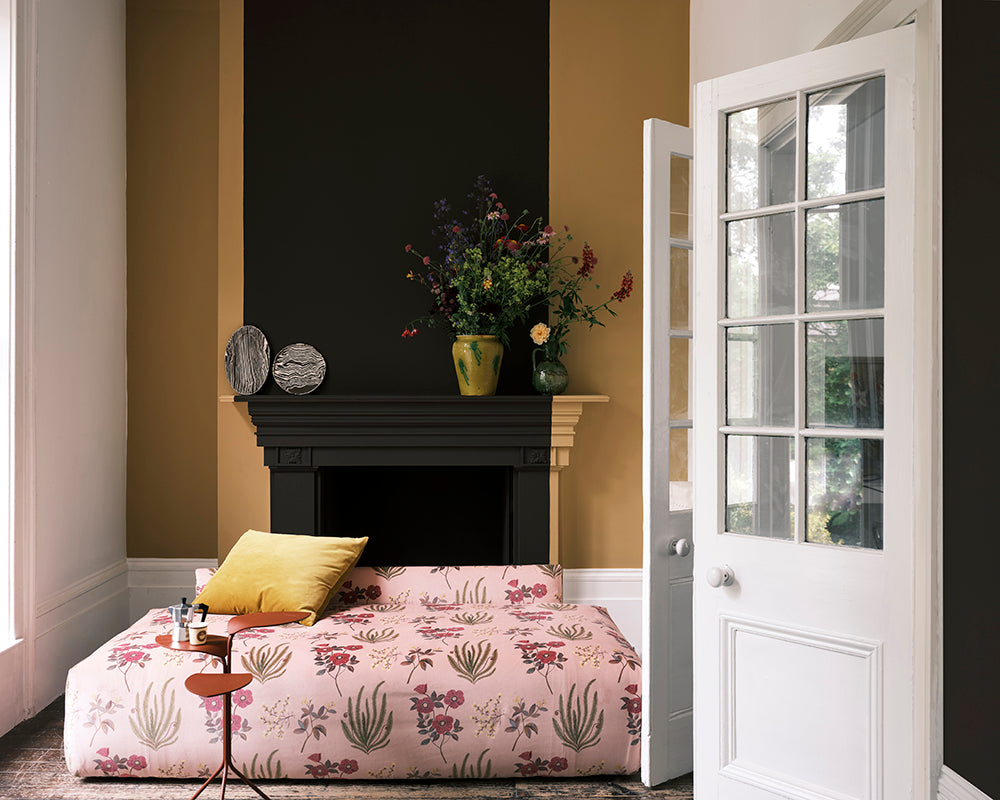 Cola 9918 paint by Farrow & Ball as a feature stripe in a bedroom