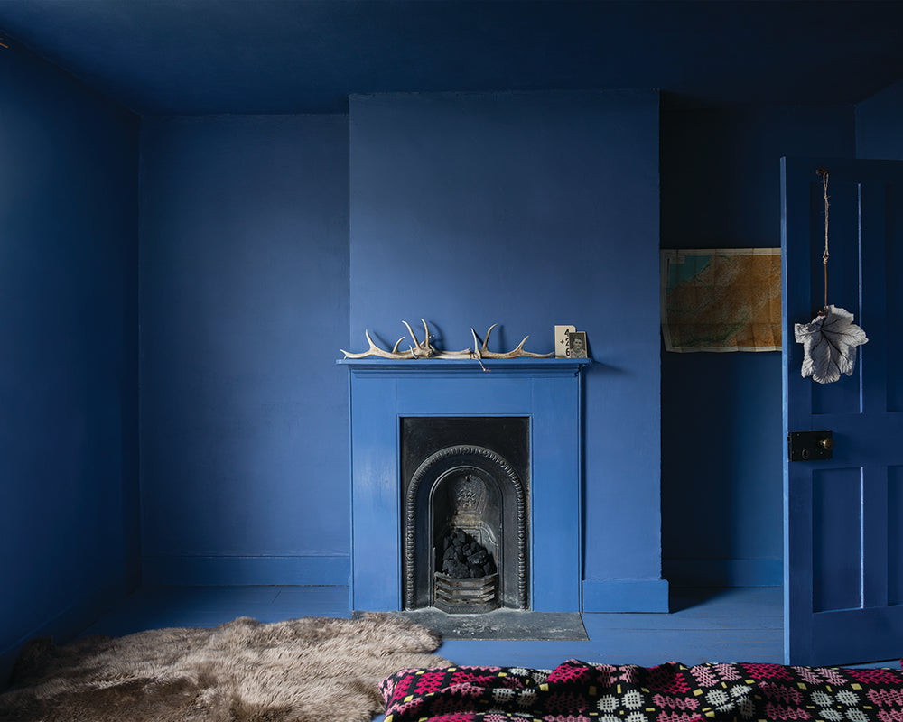 Farrow & Ball Pitch Blue 220 Paint colour drench of a bedroom