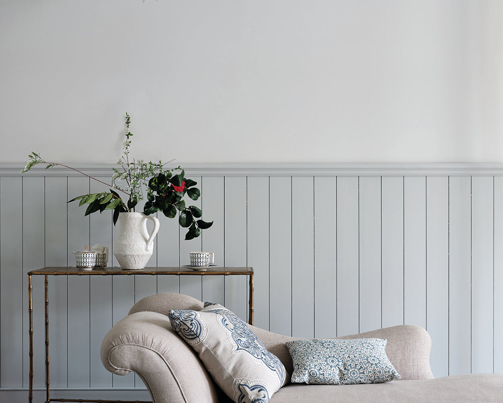 Salt CC5 paint by Farrow & Ball on panelling in a living room