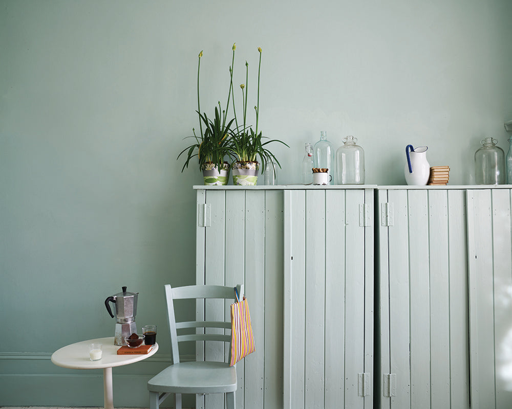 Teresa's Green 236 paint by Farrow & Ball used on walls and cabinets