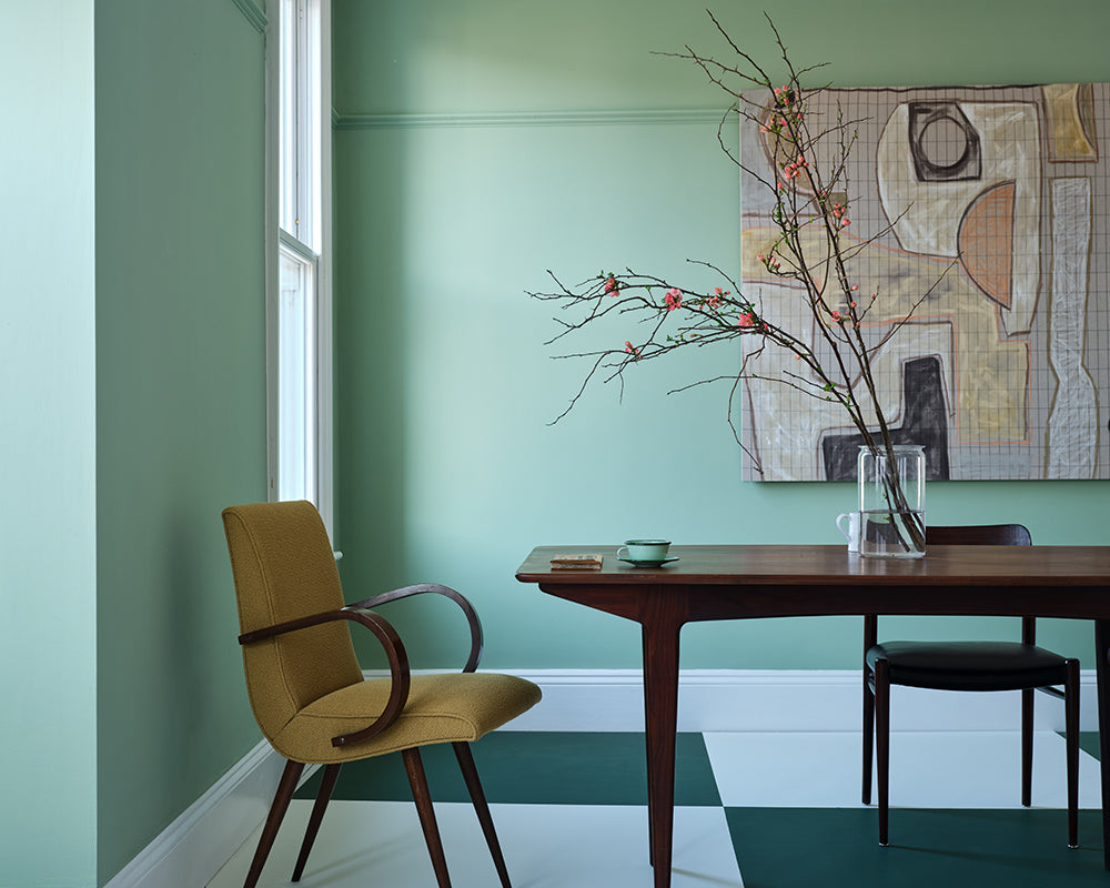 Whirlybird 309 paint by Farrow & Ball on the walls of a contemporary dining room