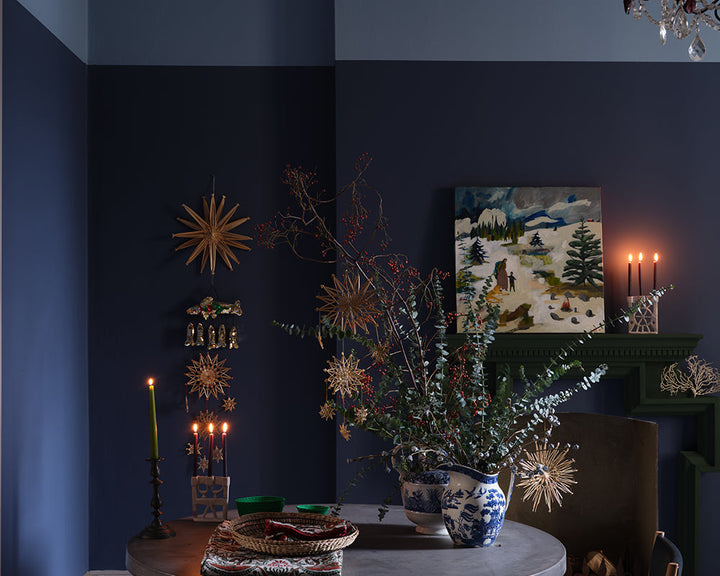 Wine Dark 308 paint by Farrow & Ball used on the walls in a living space decorated for christmas