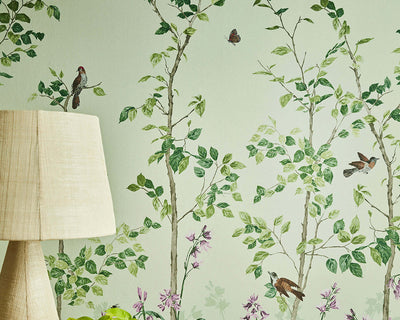 Little Greene Bird & Bluebell Wallpaper on a wall