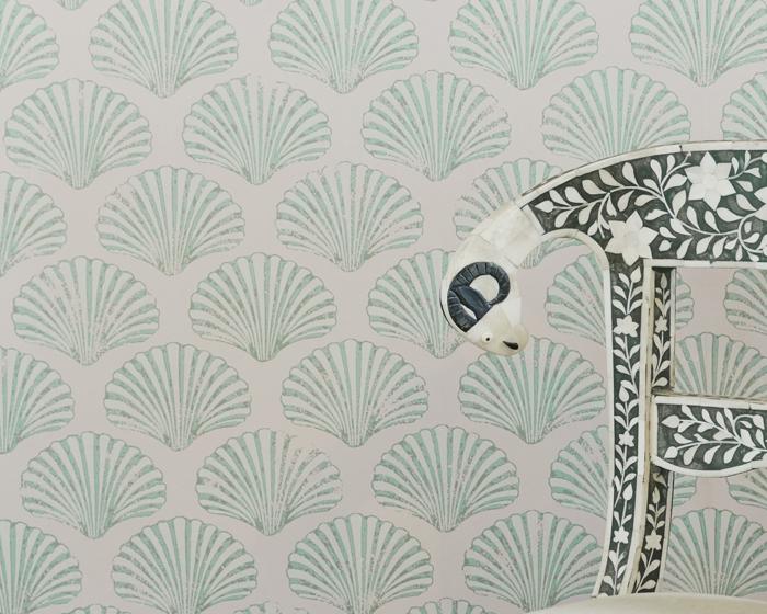 Barneby Gates Scallop Shell in Plaster/Green Wallpaper BG2100102