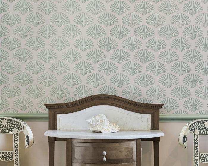 Barneby Gates Scallop Shell in Plaster/Green Wallpaper BG2100102
