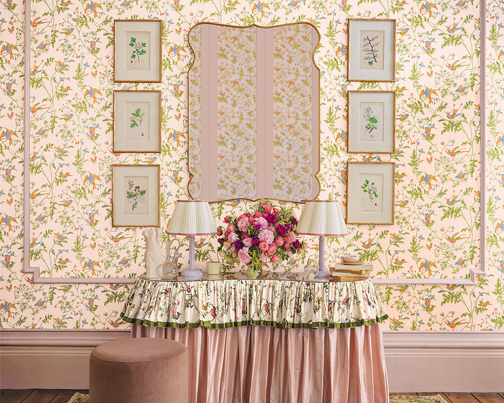 Cole & Son Hummingbirds Wallpaper in Tangerine & Olive on Blush in a dressing table set up