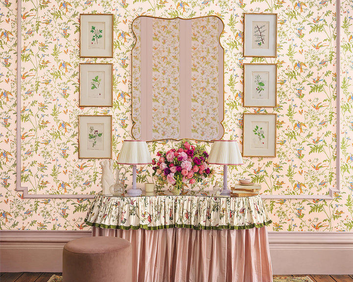 Cole & Son Hummingbirds Wallpaper in Tangerine & Olive on Blush in a dressing table set up