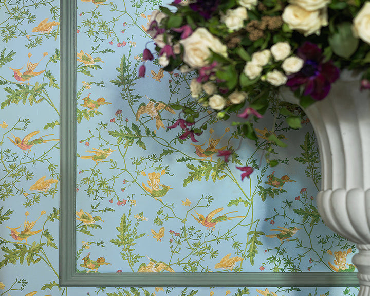 Cole & Son Hummingbirds Wallpaper in Buttercup Yellow on Cornflower Blue detail