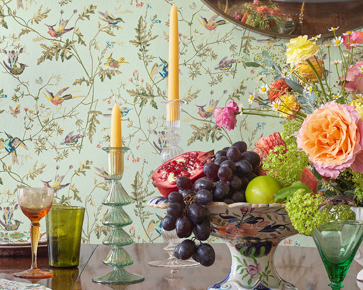 Cole & Son Hummingbirds Wallpaper in Multi, Old Olive on Duck Egg Mica detail