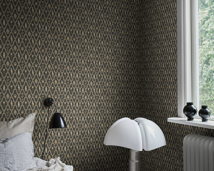 Sandberg Turtledove Barn Wallpaper in a bedroom