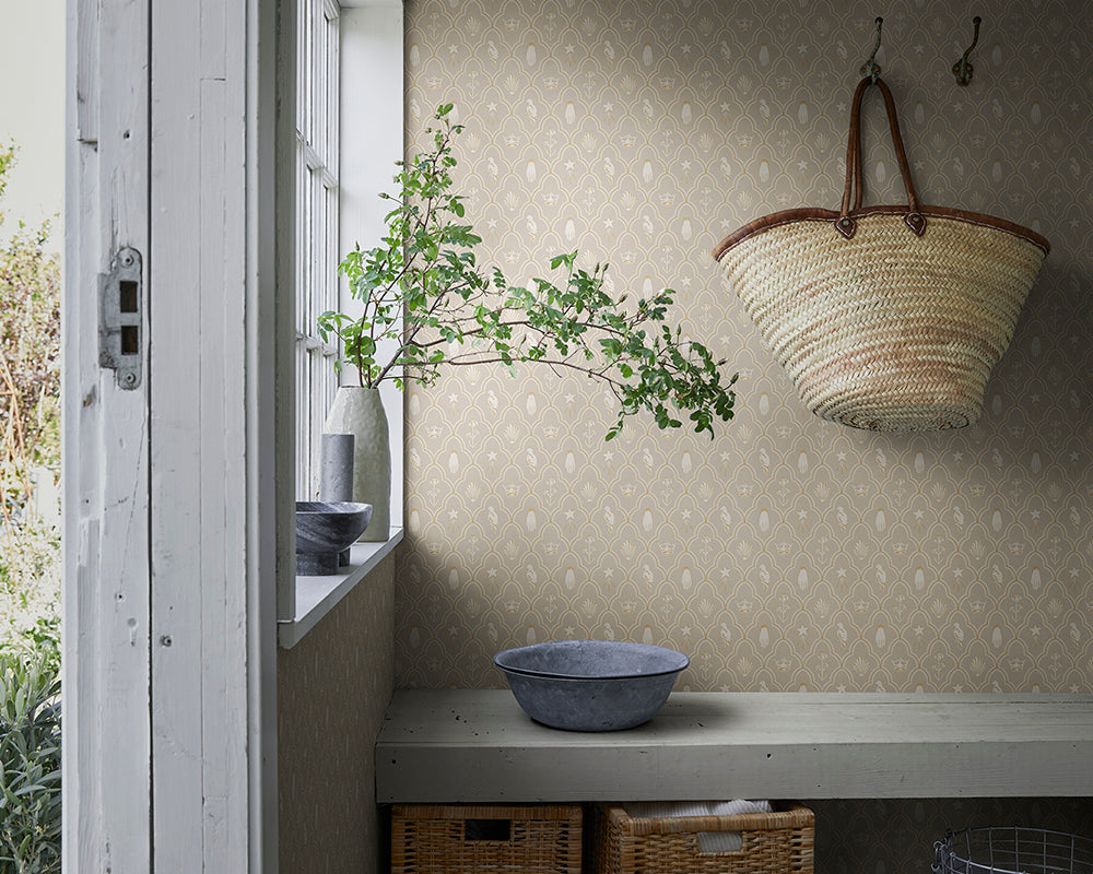 Sandberg Turtledove Barn Wallpaper in a hallway