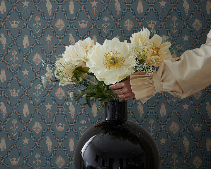 Sandberg Turtledove Barn Wallpaper in a room with flowers