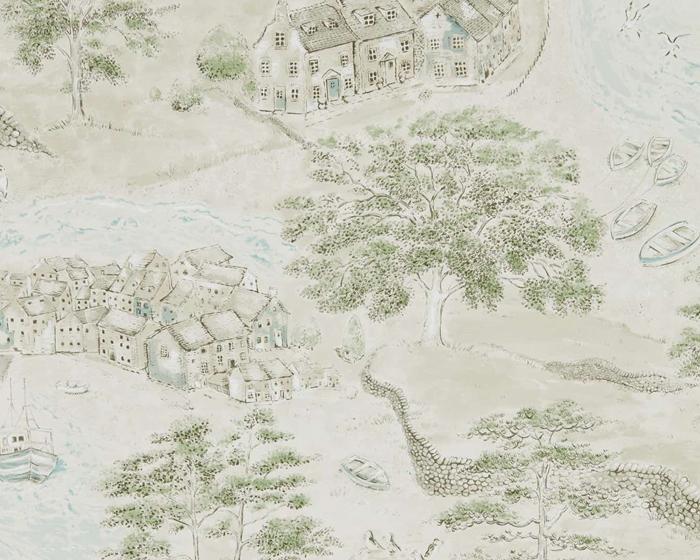 Sanderson Sea Houses Green/Sand 216490 Wallpaper