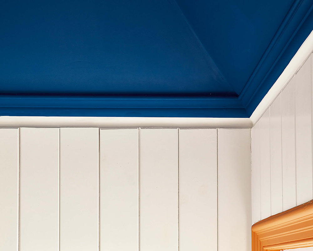 Little Greene Deep Space Blue 207 Paint on a ceiling in a bathroom