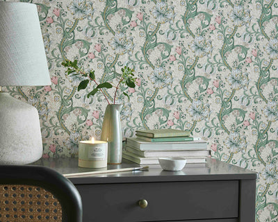 Clarke & Clarke collaboration with William Morris Golden Lily Wallpaper on walls in a home office