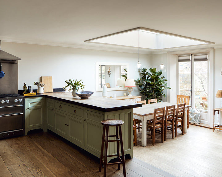 Mylands Greenstone 190 Paint on cabinets in a kitchen