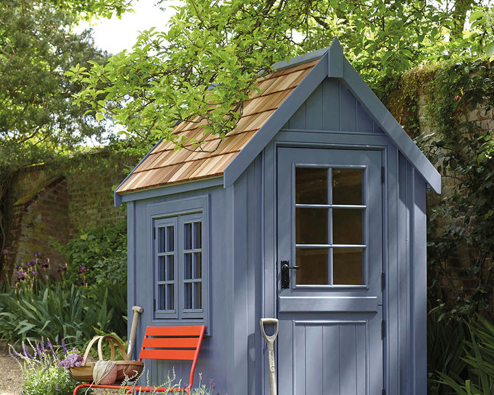 Little Greene Hicks' Blue 208 Paint on a garden shed
