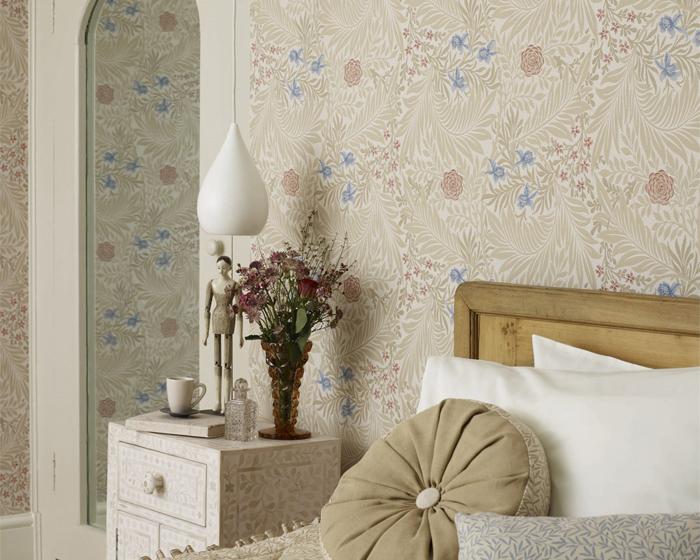 Morris & Co Larkspur Green/Coral 212558 Wallpaper