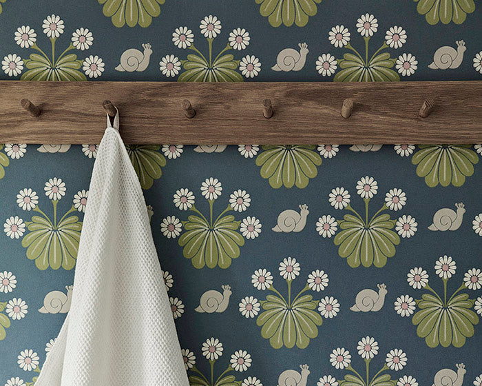 Little Greene Burges Snail Wallpaper detail in a bathroom