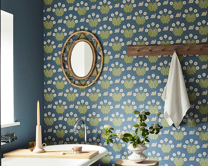 Little Greene Burges Snail Wallpaper in a bathroom