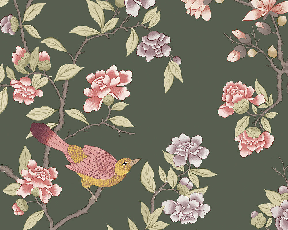 Little Greene Aderyn Wallpaper in Olive Green
