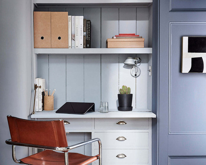 Little Greene Hicks' Blue 208 Paint in a n office on woodwork