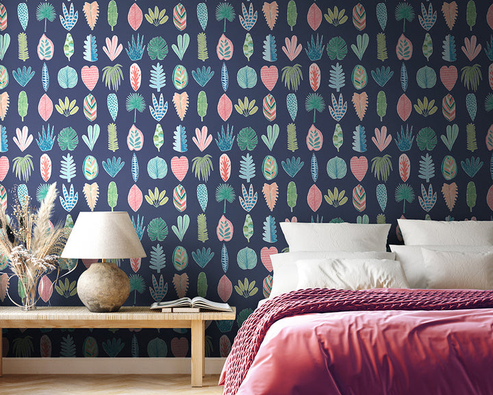 OHPOPSI Leaf Boogie Wallpaper on a bedroom wall