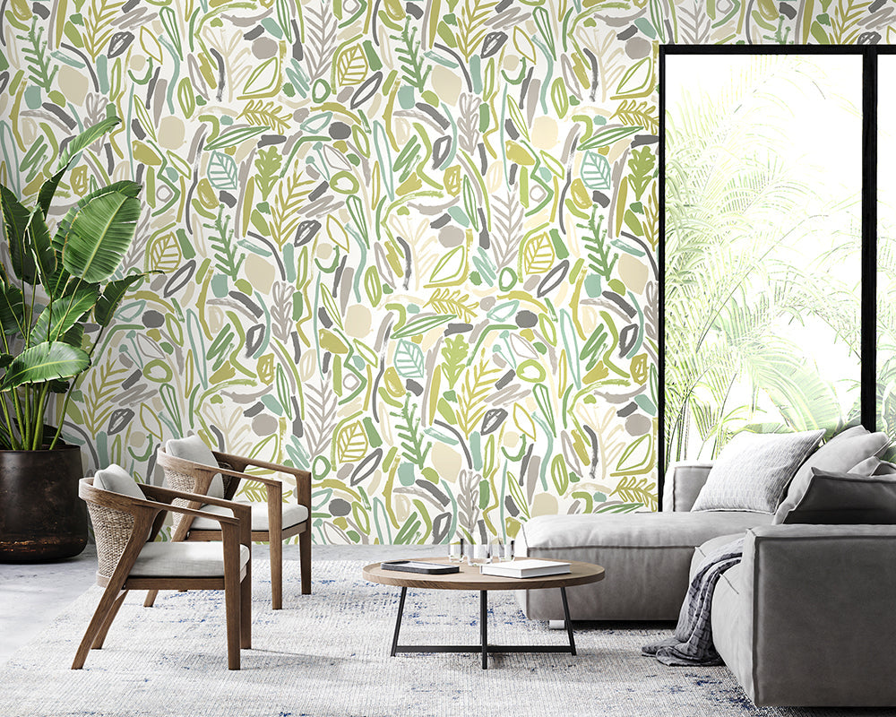 OHPOPSI Verdure Wallpaper as a feature wall in a lounge
