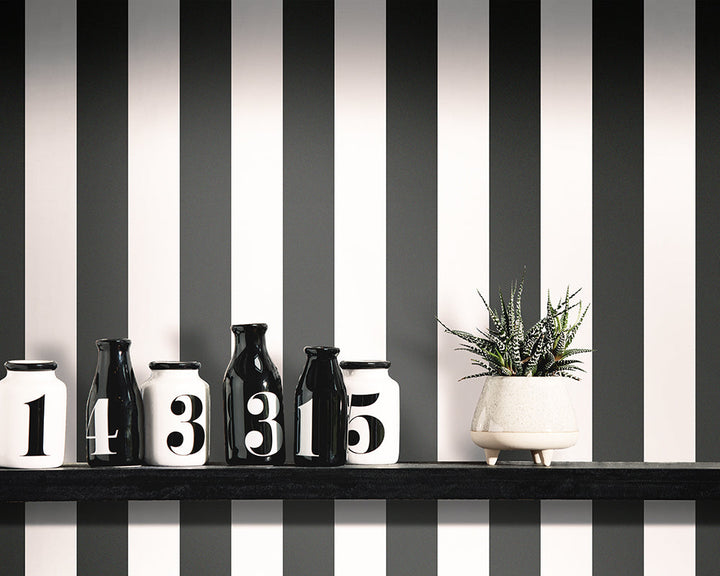 OHPOPSI Bloc Stripe Wallpaper behind a shelf